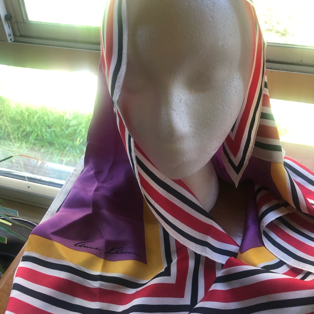 Vintage! Anne Klein Purple, Red, Yellow & Black Striped Silk Scarf